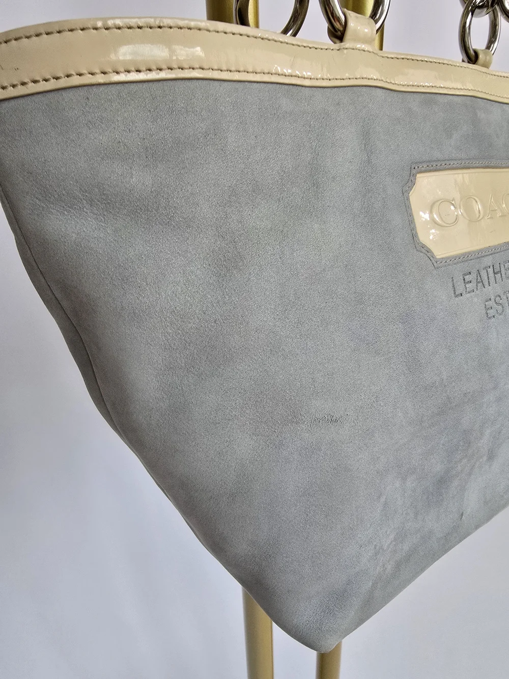 COACH Light Blue Suede Shoulder Purse with Cream Trim Hampton